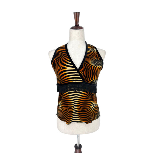 Vintage Curtain Call Costumes Tiger Fringe Halter Tank Top | Small