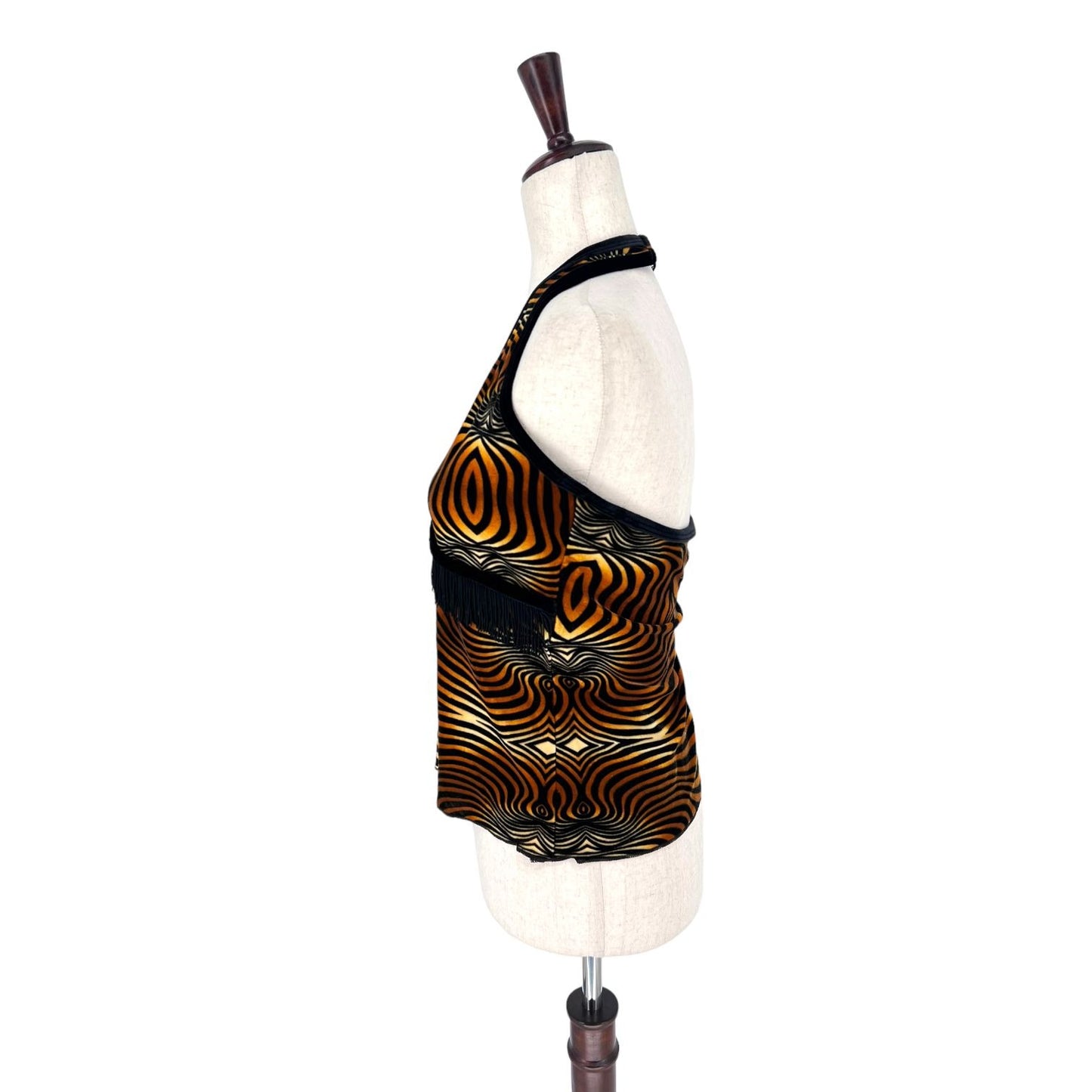 Vintage Curtain Call Costumes Tiger Fringe Halter Tank Top | Small