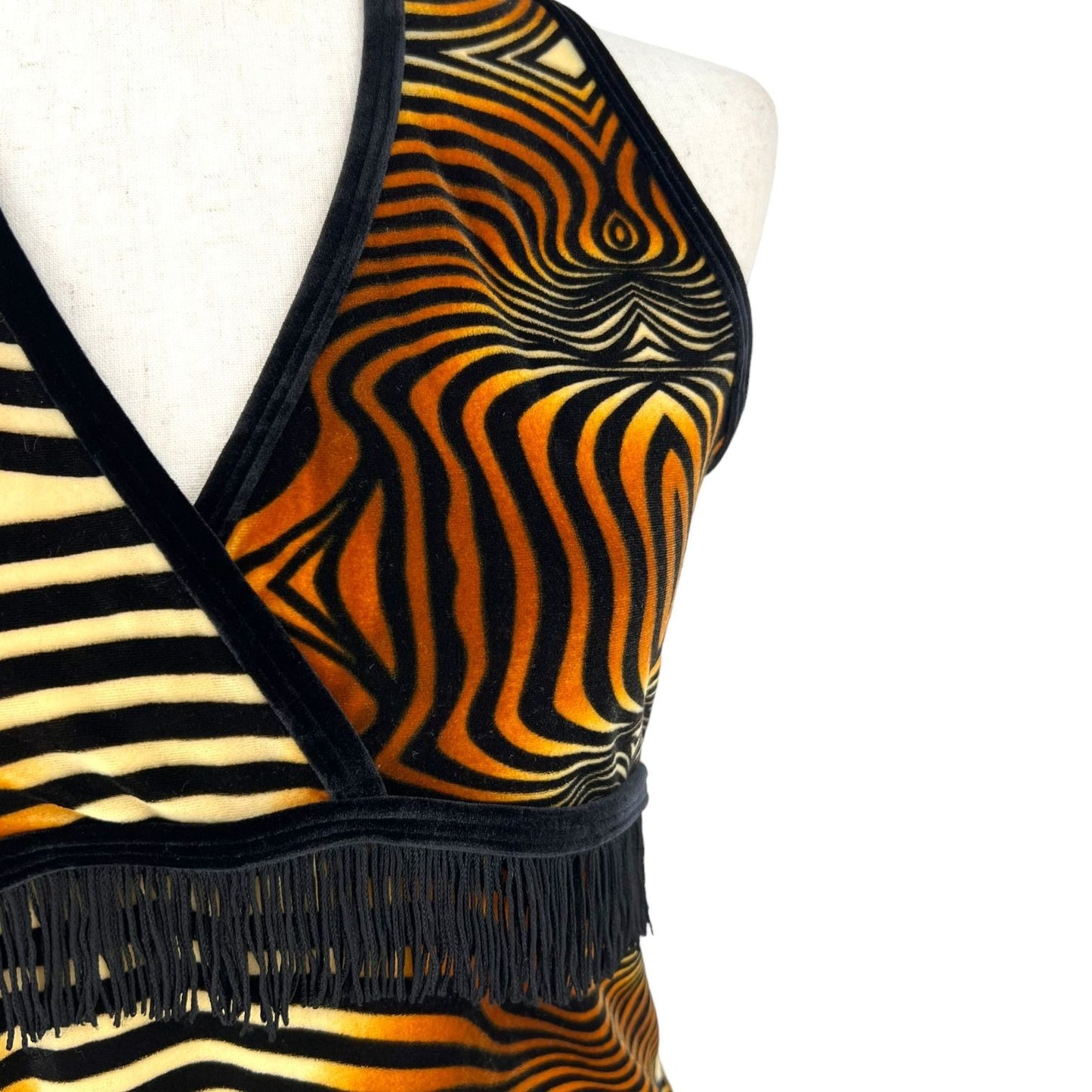 Vintage Curtain Call Costumes Tiger Fringe Halter Tank Top | Small